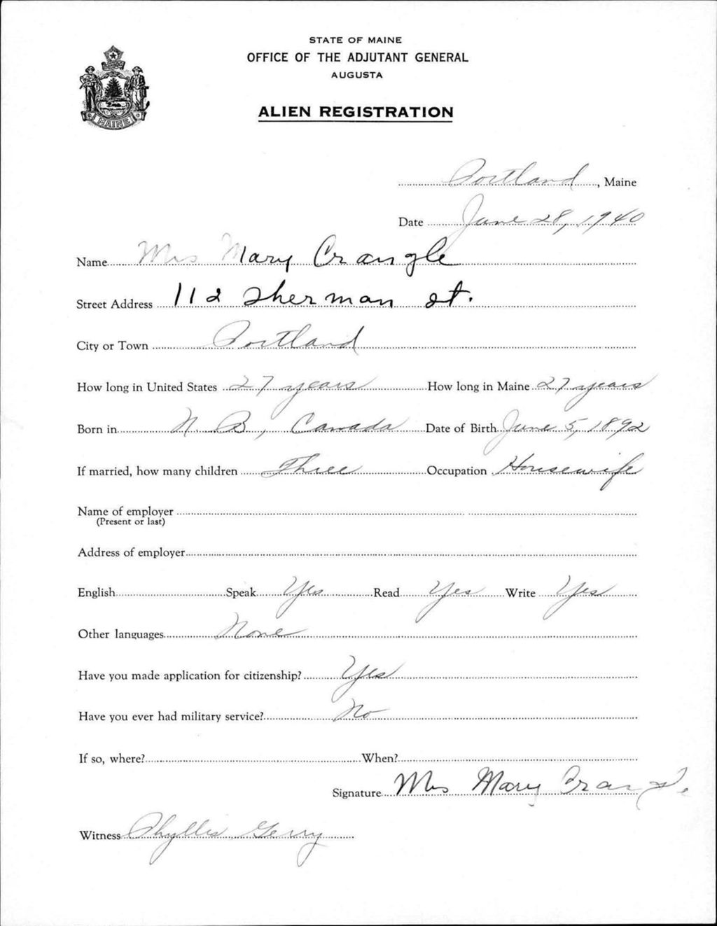 Miniature of Alien Registration- Crangle, Mary (Portland, Cumberland County)