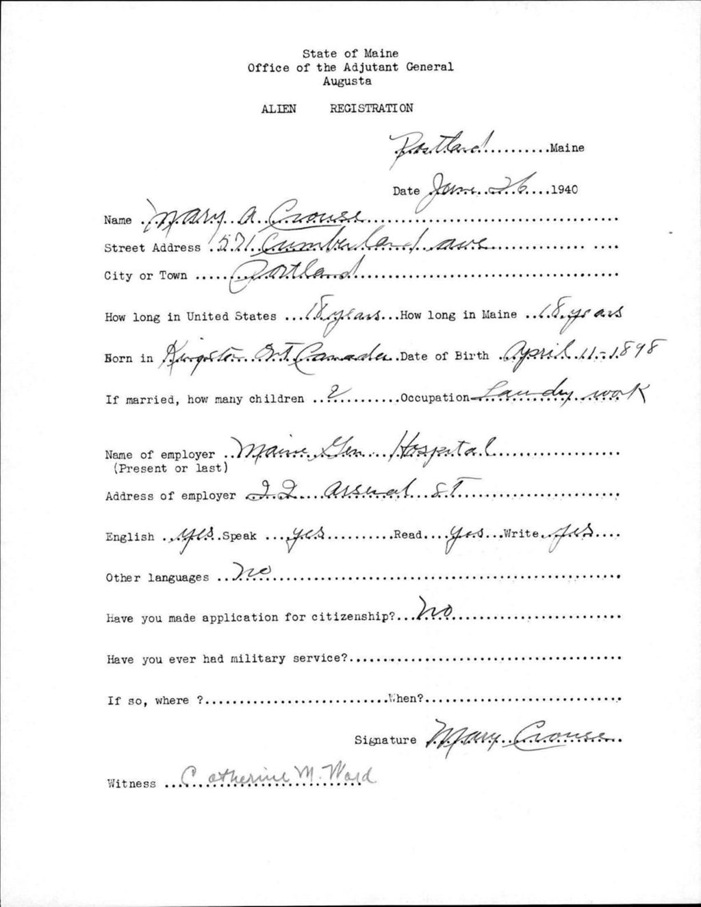 Miniature of Alien Registration- Crouse, Mary A. (Portland, Cumberland County)