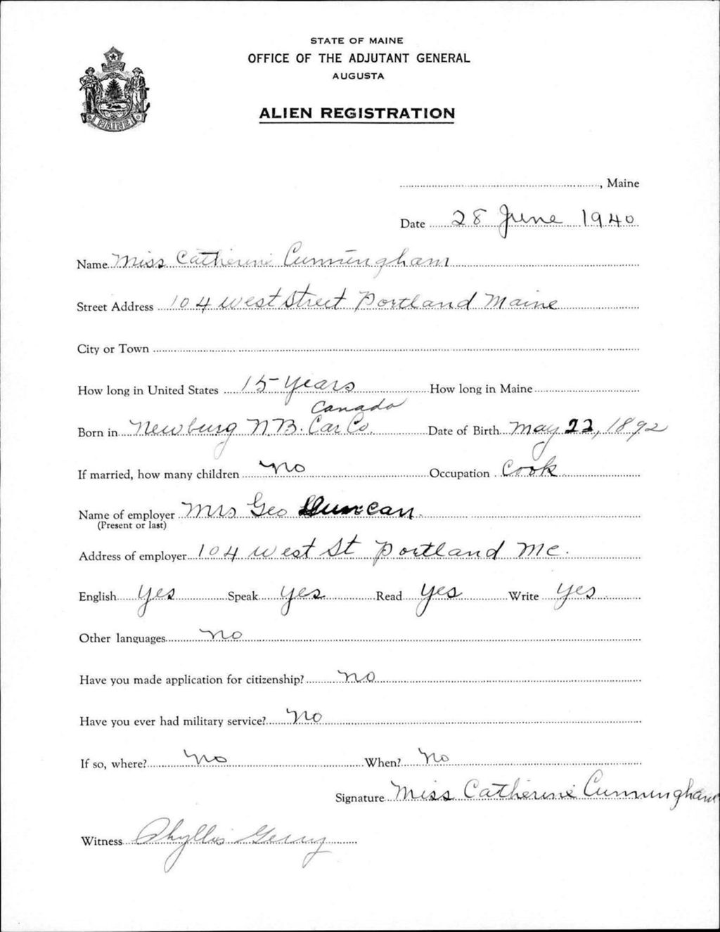 Miniature of Alien Registration- Cunningham, Catherine (Portland, Cumberland County)