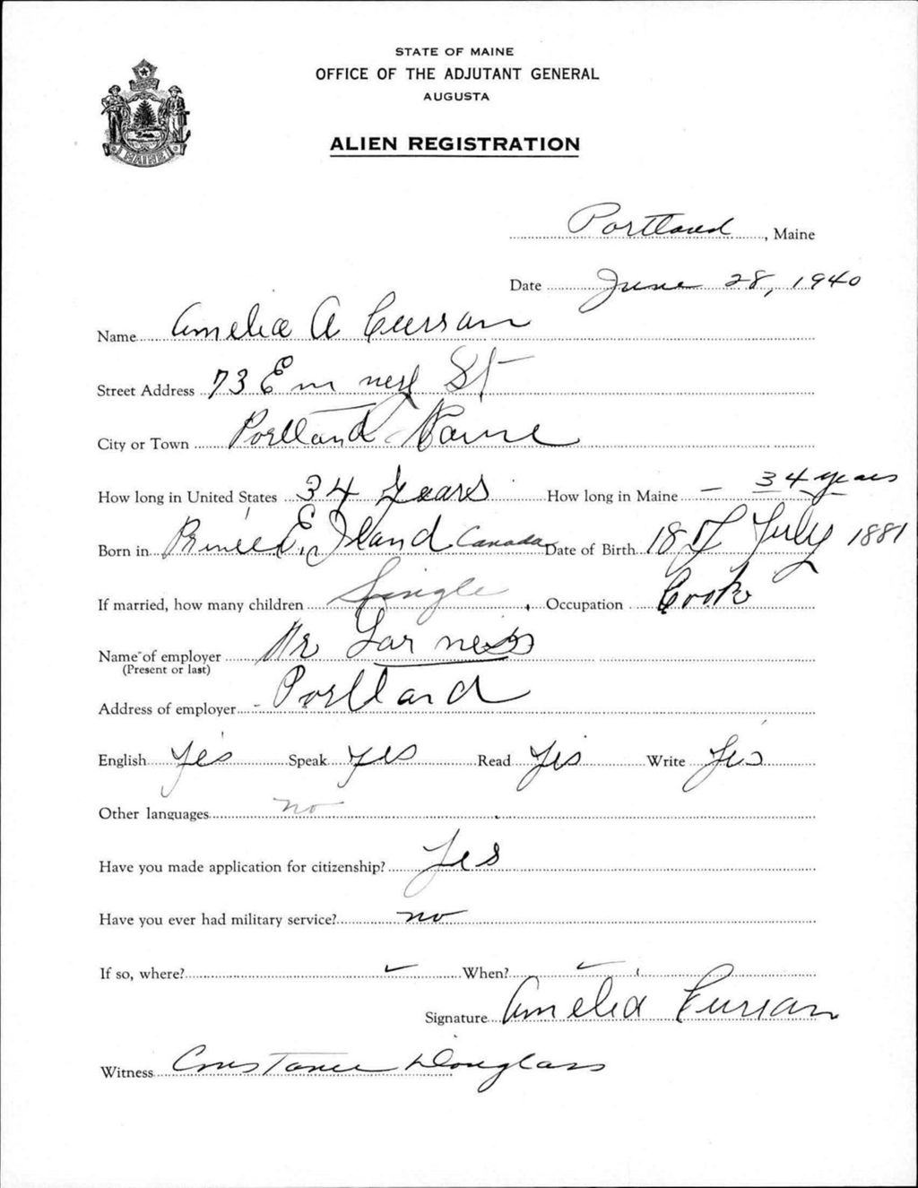 Miniature of Alien Registration- Curran, Amelia A. (Portland, Cumberland County)