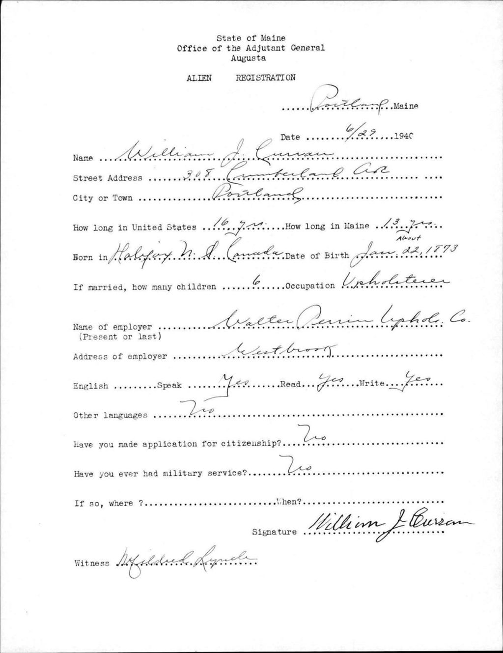 Miniature of Alien Registration- Curran, William J. (Portland, Cumberland County)