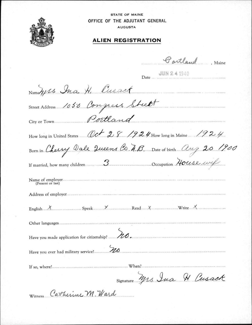 Miniature of Alien Registration- Cusack, Ina H. (Portland, Cumberland County)