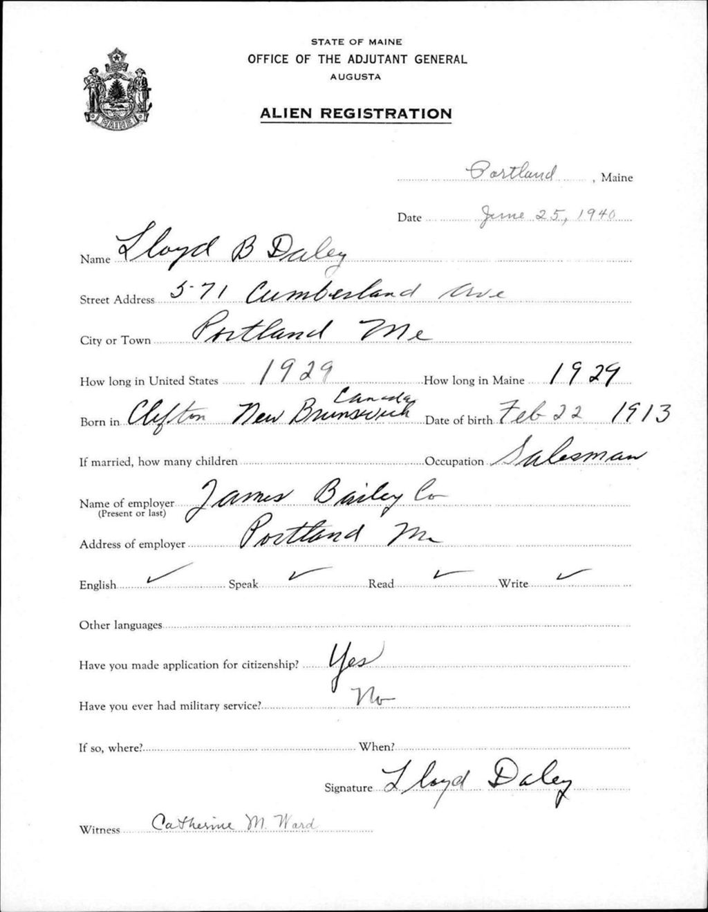 Miniature of Alien Registration- Daley, Lloyd B. (Portland, Cumberland County)