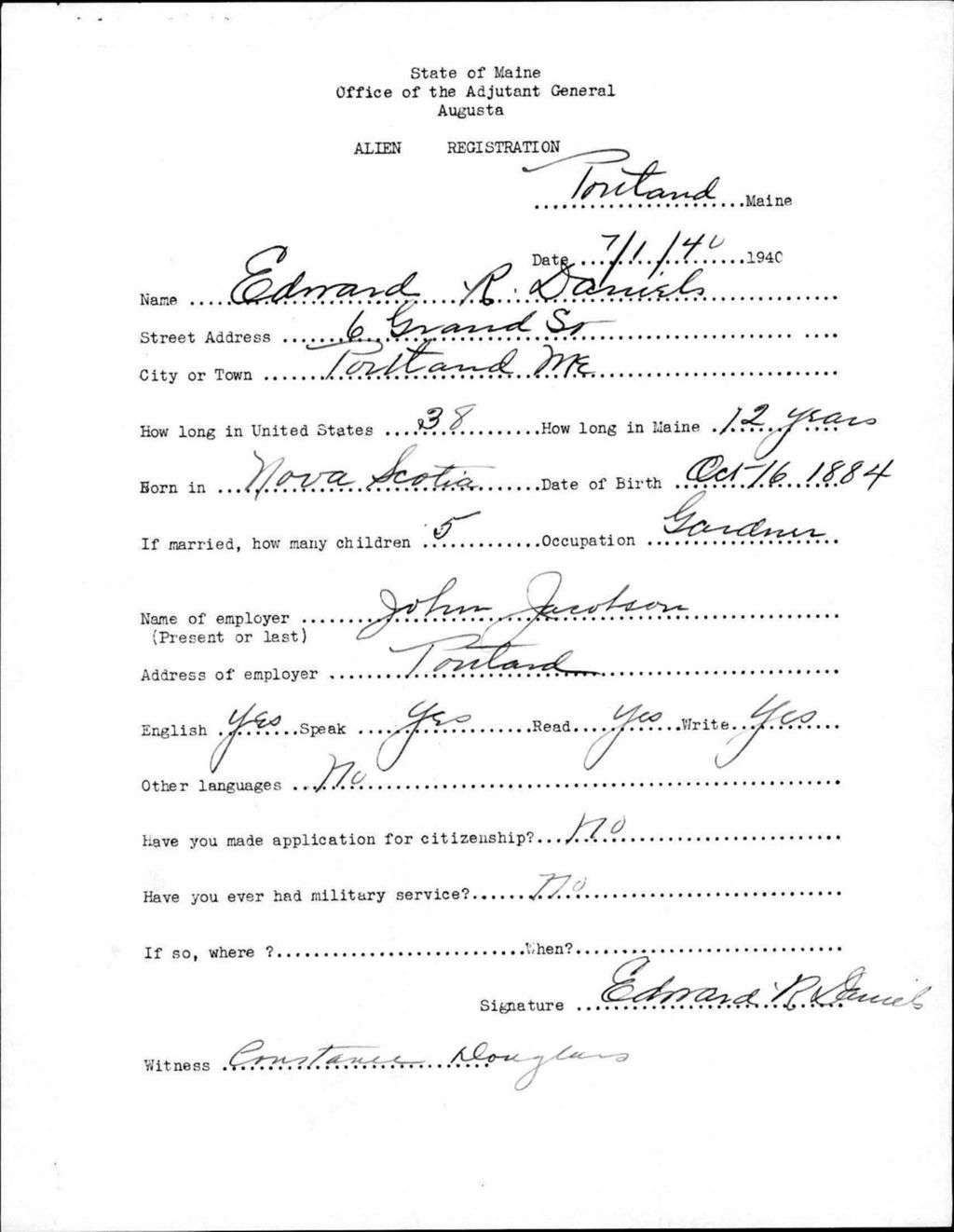Miniature of Alien Registration- Daniels, Edward R. (Portland, Cumberland County)