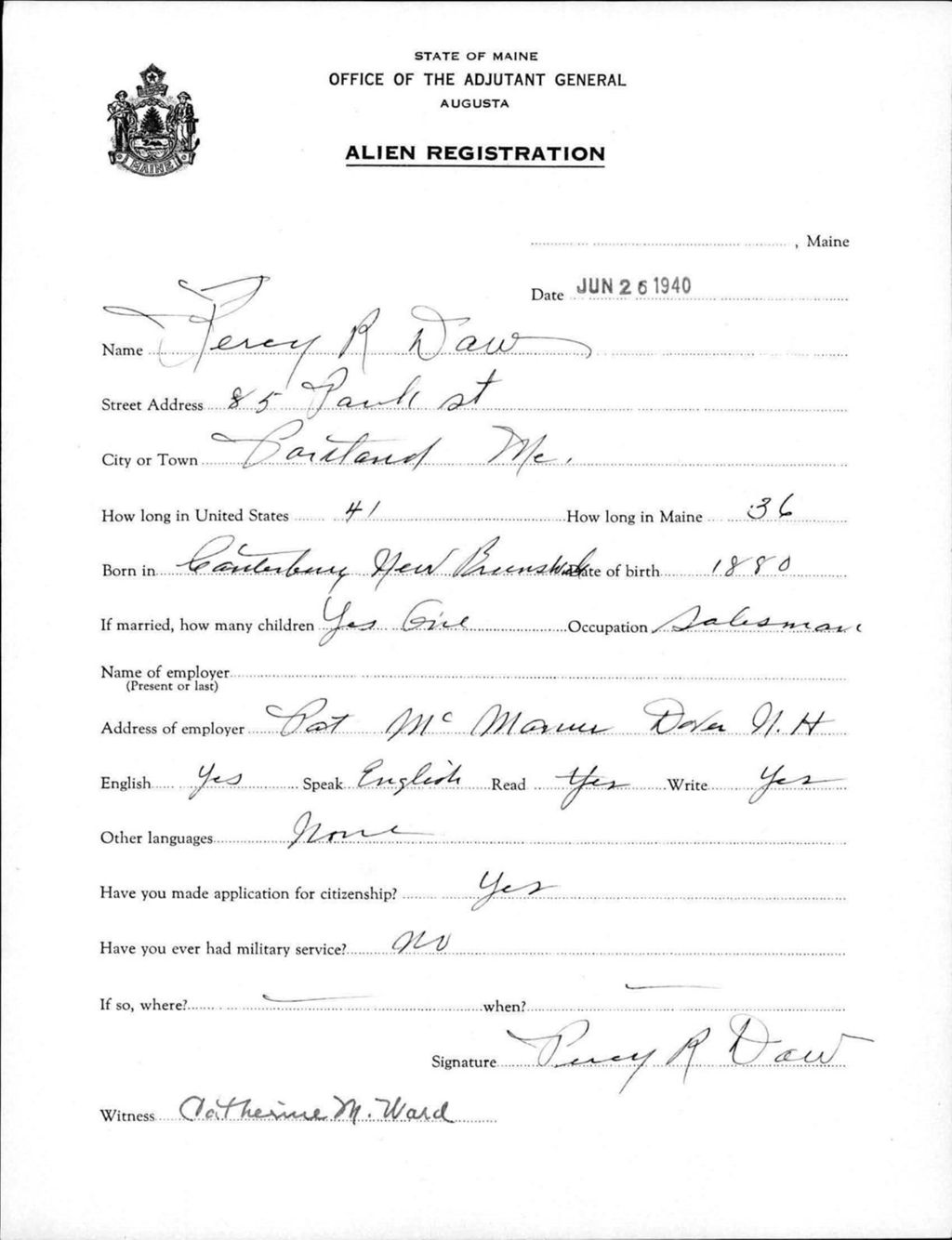 Miniature of Alien Registration- Daw, Percy R. (Portland, Cumberland County)
