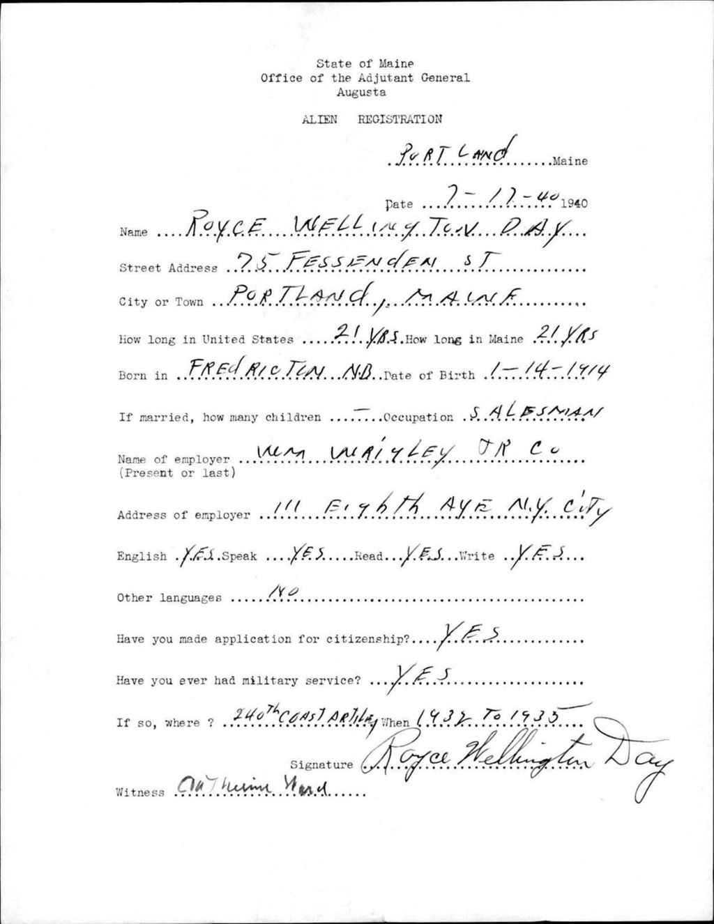 Miniature of Alien Registration- Day, Royce W. (Portland, Cumberland County)