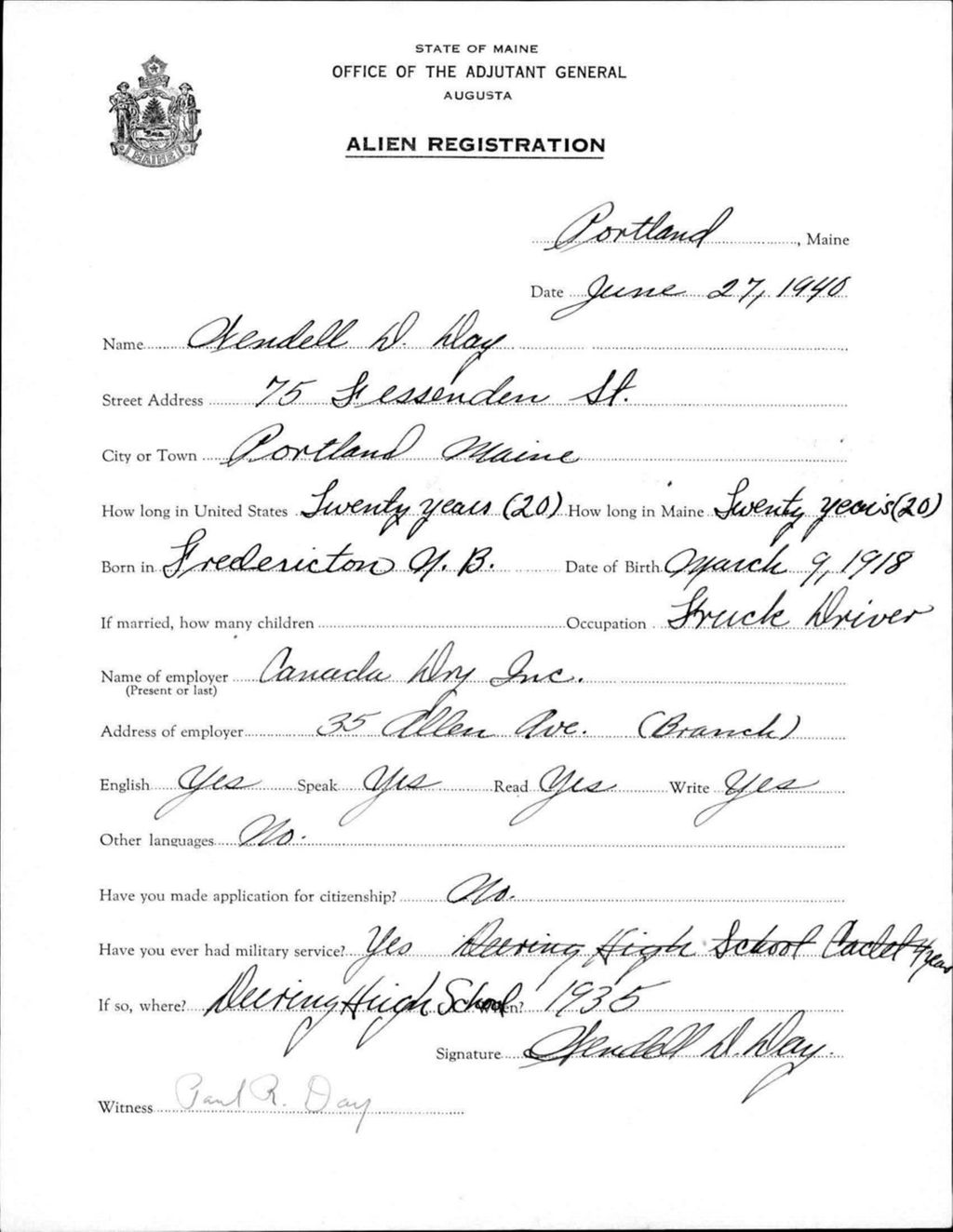 Miniature of Alien Registration- Day, Wendell D. (Portland, Cumberland County)