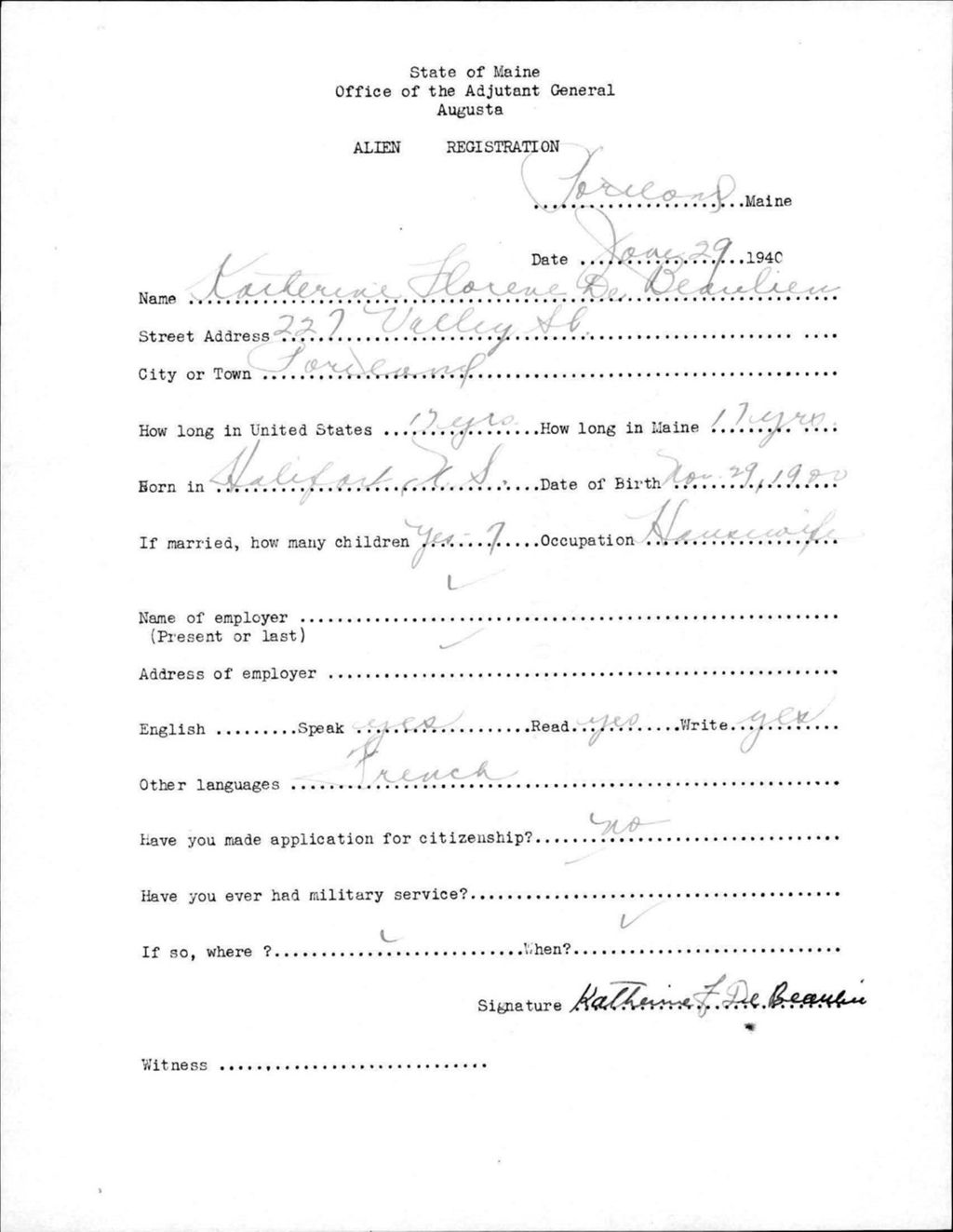 Miniature of Alien Registration- De Beaulieu, Katherine F. (Portland, Cumberland County)