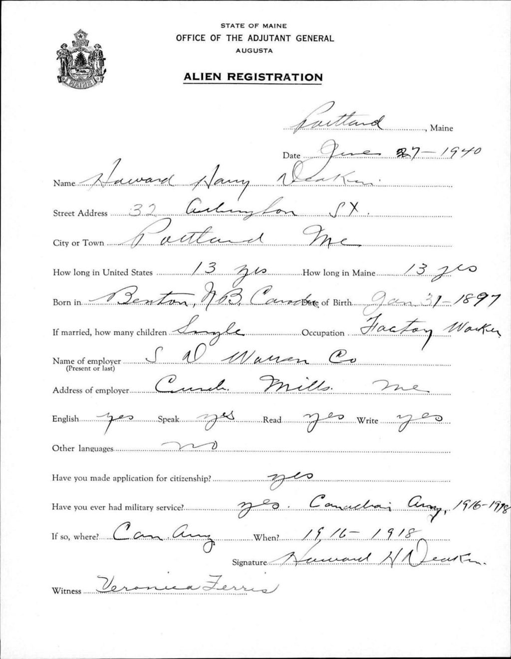 Miniature of Alien Registration- Deakin, Howard H. (Portland, Cumberland County)