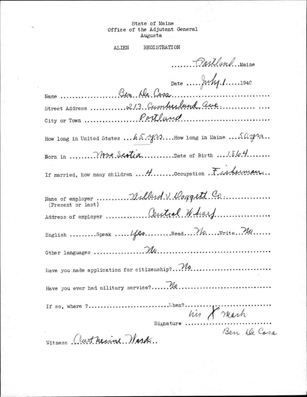 Miniature of Alien Registration- De Cosa, Ben (Portland, Cumberland County)