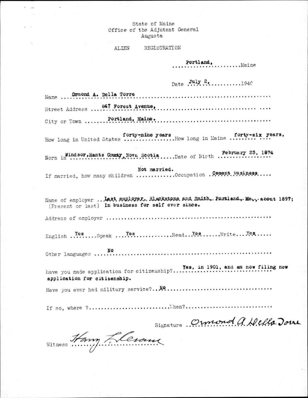 Miniature of Alien Registration- Della Torre, Ormond A. (Portland, Cumberland County)