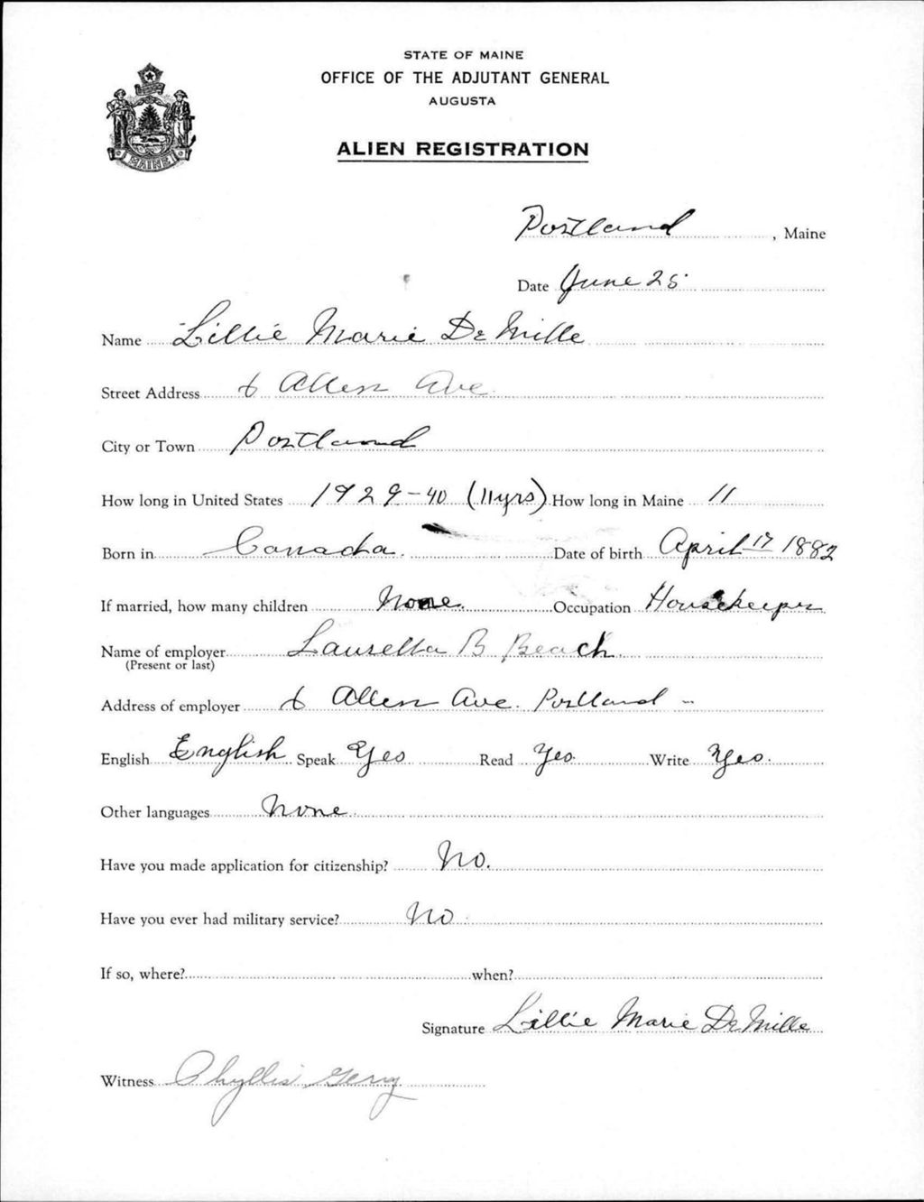 Miniature of Alien Registration- De Mille, Lillie M. (Portland, Cumberland County)