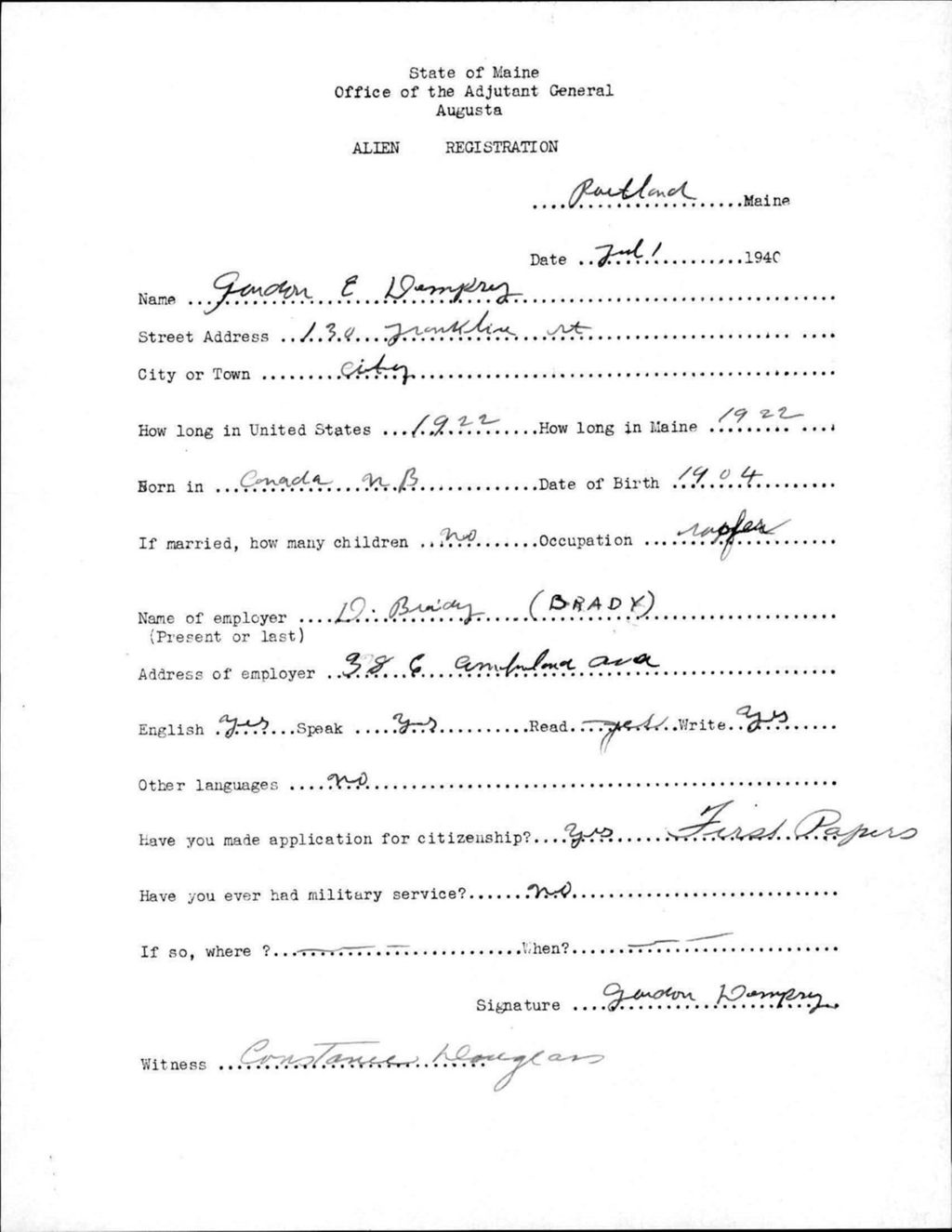 Miniature of Alien Registration- Dempsey, Gordon E. (Portland, Cumberland County)