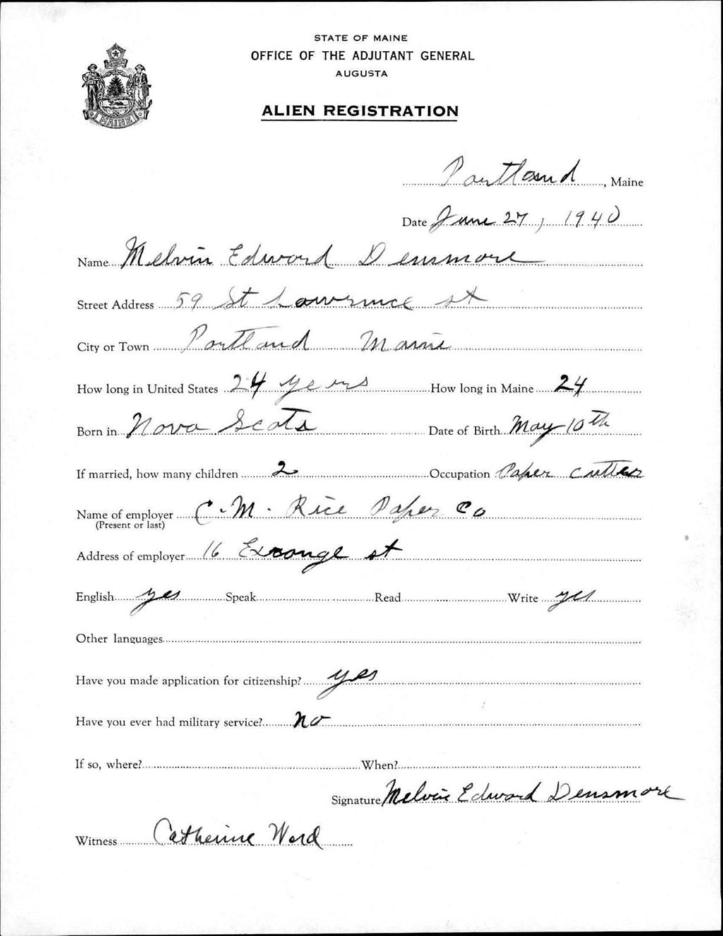 Miniature of Alien Registration- Densmore, Melvin E. (Portland, Cumberland County)