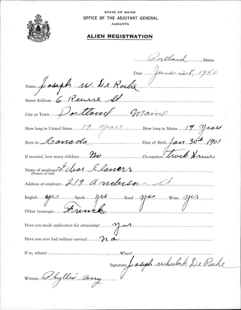 Miniature of Alien Registration- Deroche, Joseph W. (Portland, Cumberland County)