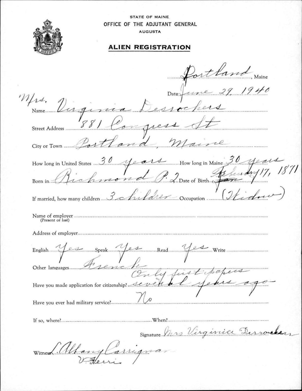Miniature of Alien Registration- Desrochers, Virginia (Portland, Cumberland County)