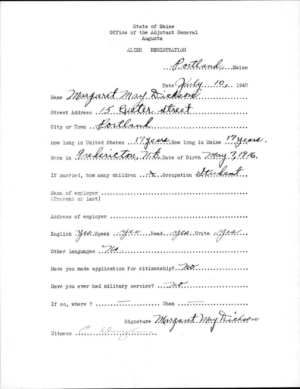 Miniature of Alien Registration- Dickson, Margaret M. (Portland, Cumberland County)