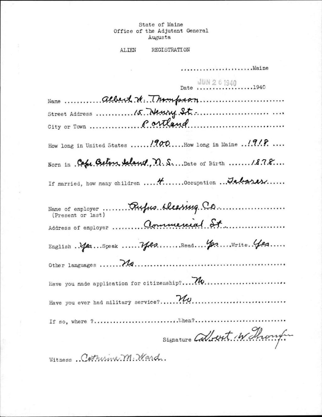 Miniature of Alien Registration- Thompson, Albert W. (Portland, Cumberland County)