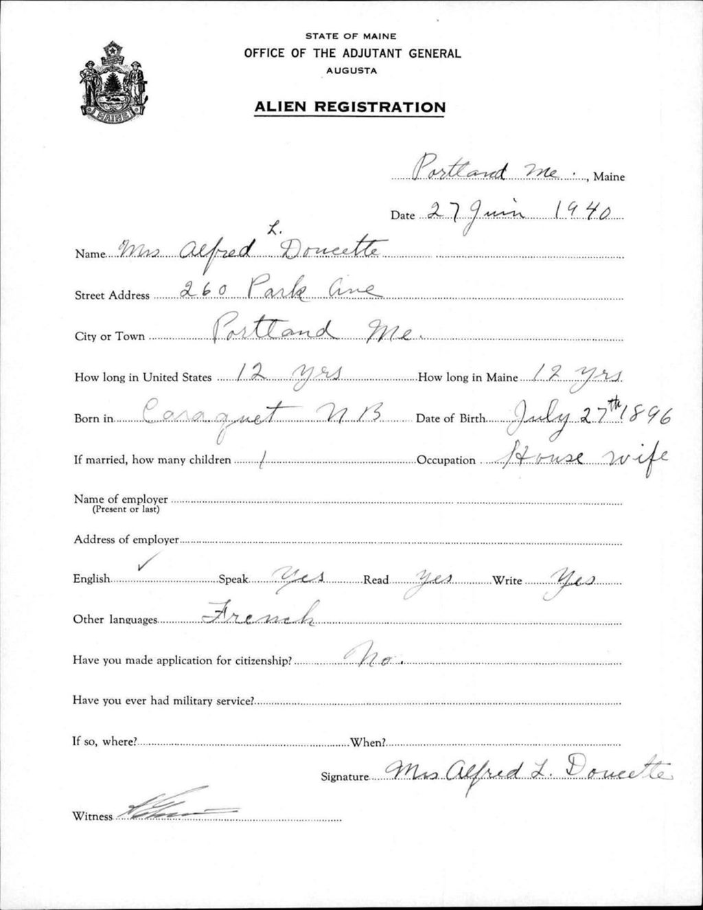 Miniature of Alien Registration- Doucette, Alfred L. (Portland, Cumberland County)
