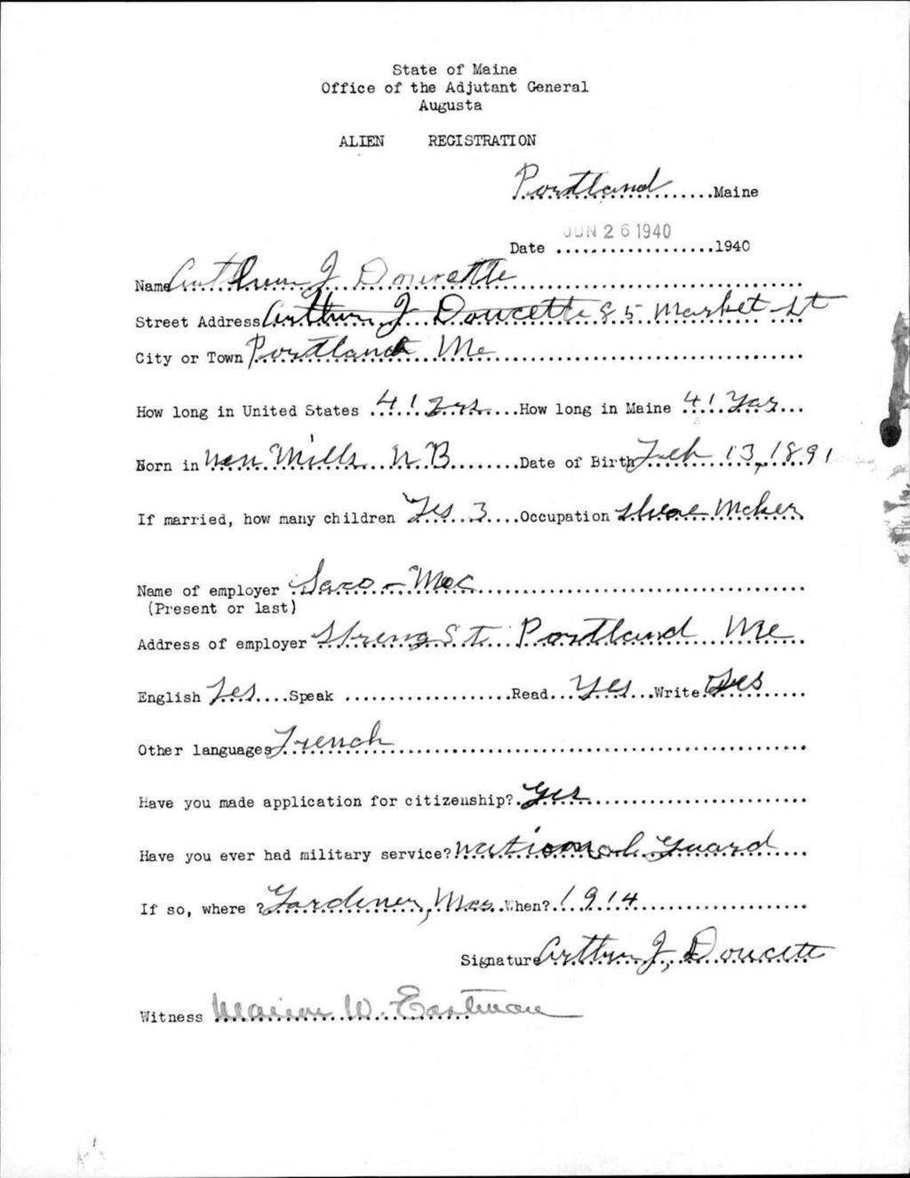 Miniature of Alien Registration- Doucette, Arthur J. (Portland, Cumberland County)
