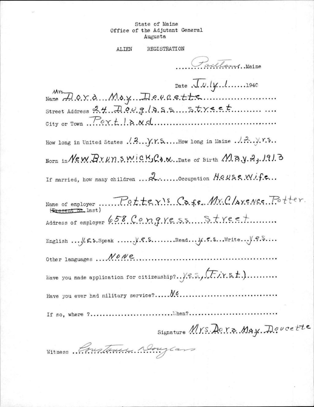Miniature of Alien Registration- Doucette, Dora M. (Portland, Cumberland County)
