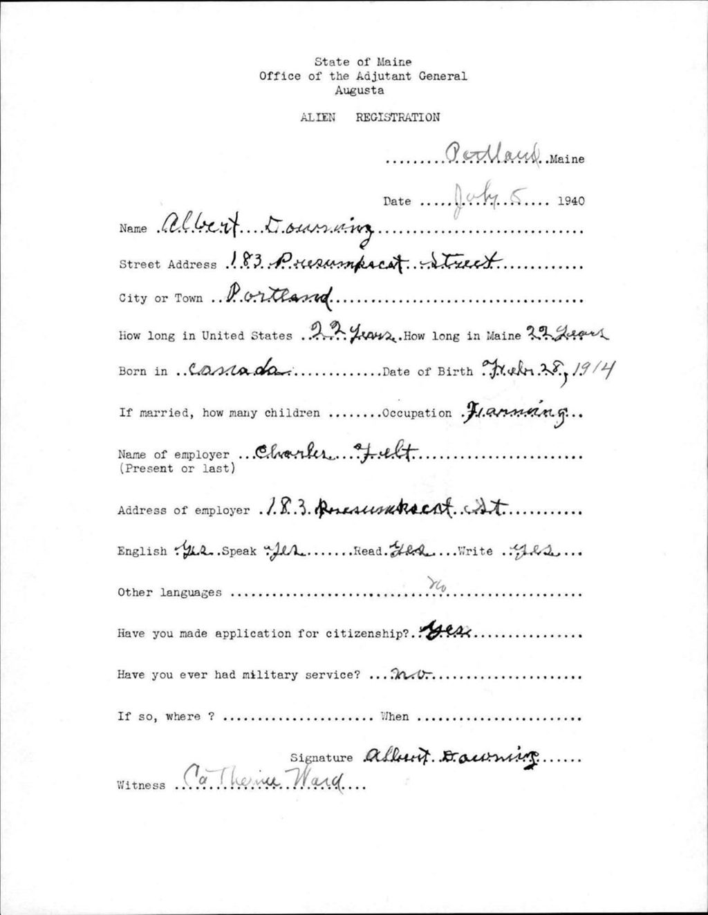 Miniature of Alien Registration- Downing, Albert (Portland, Cumberland County)