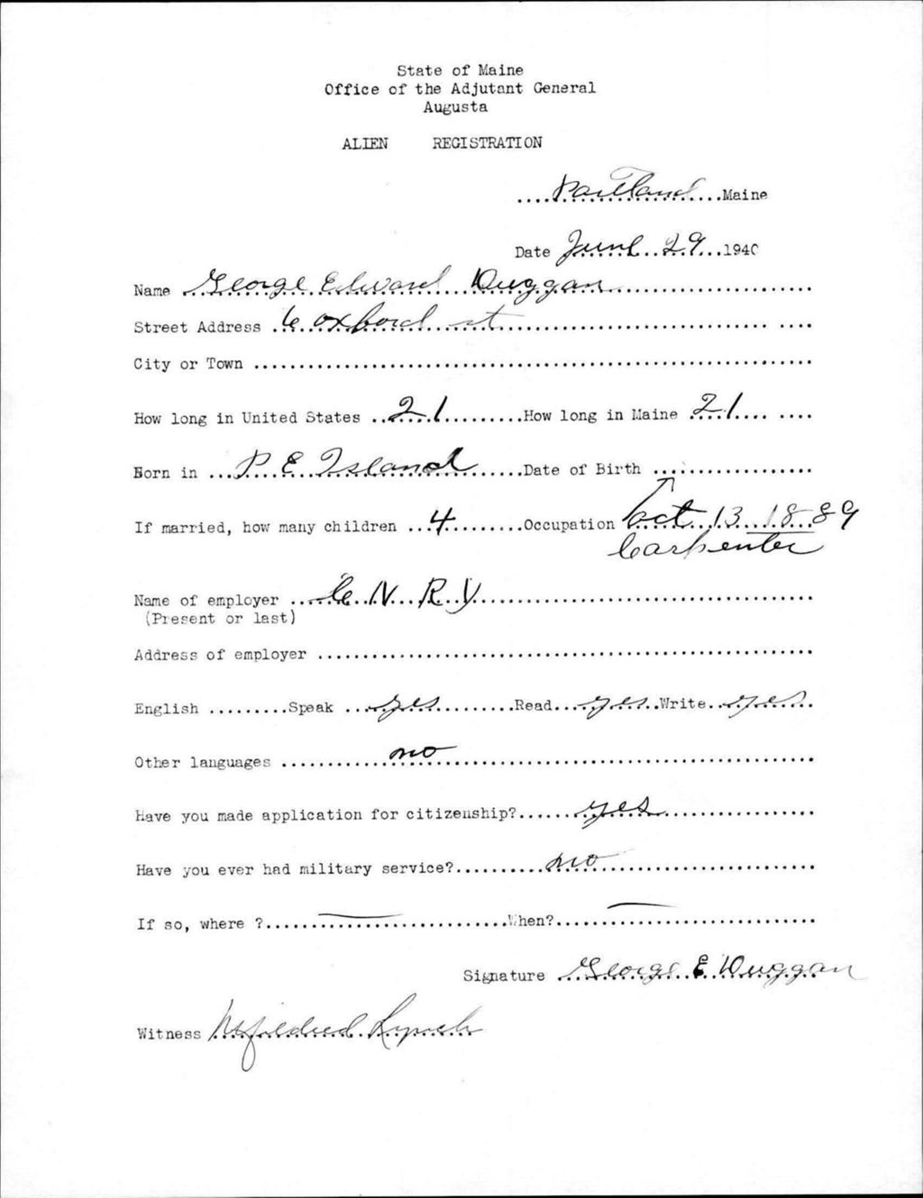 Miniature of Alien Registration- Duggan, George E. (Portland, Cumberland County)