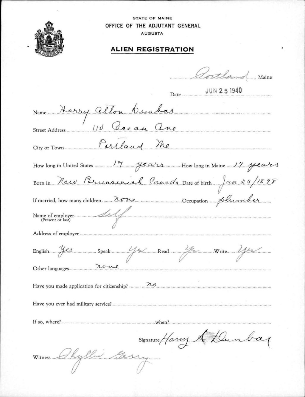 Miniature of Alien Registration- Dunbar, Harry A. (Portland, Cumberland County)