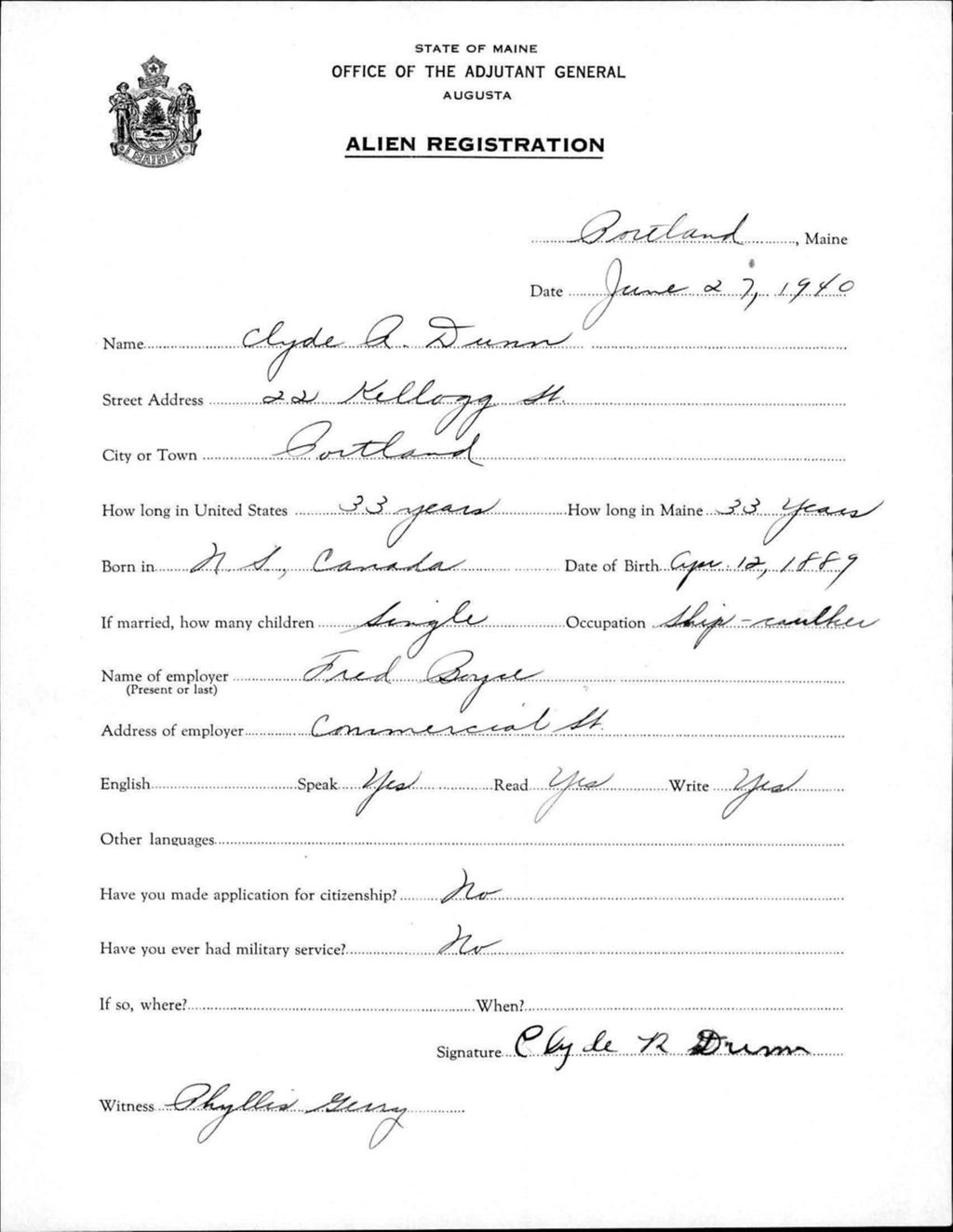 Miniature of Alien Registration- Dunn, Clyde A. (Portland, Cumberland County)