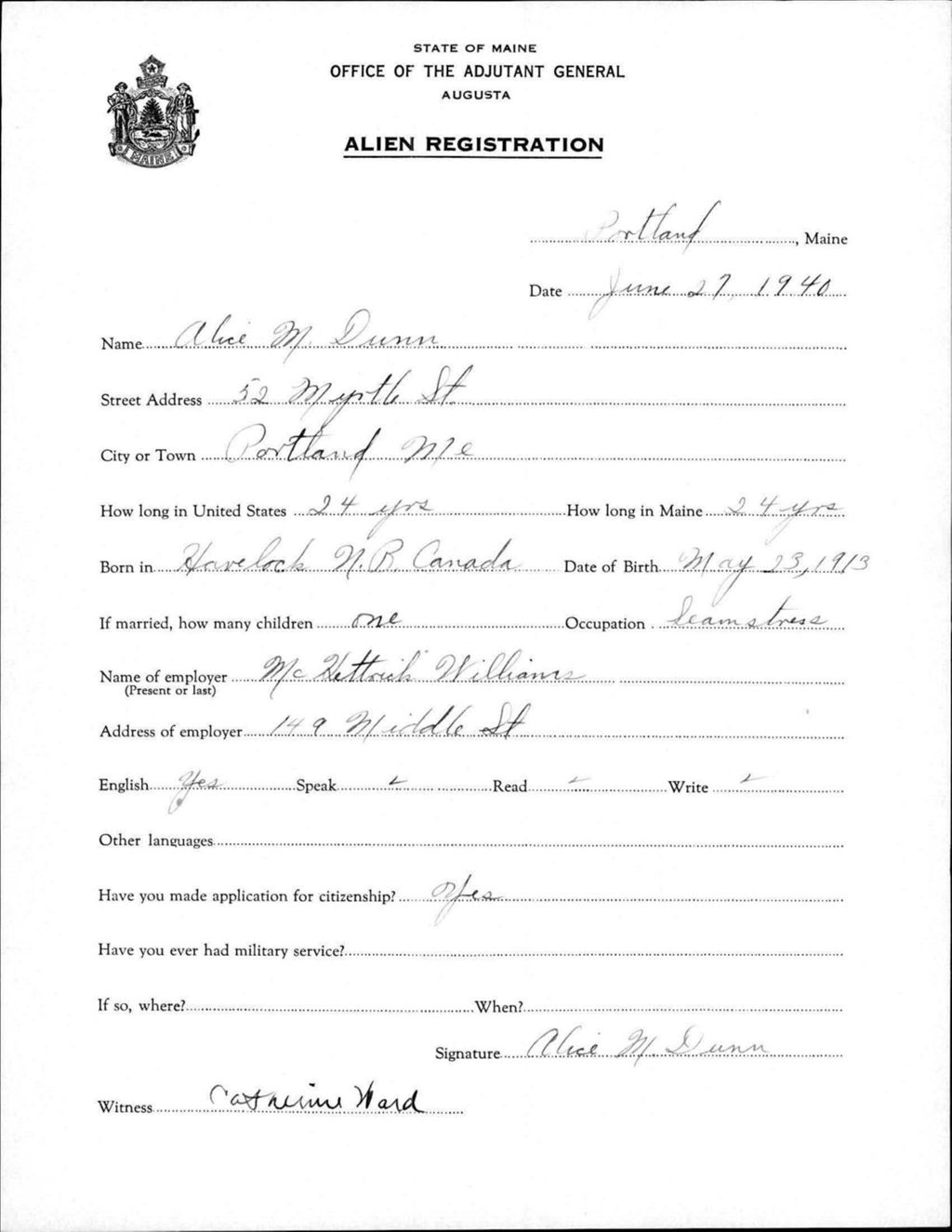 Miniature of Alien Registration- Dunn, Alice M. (Portland, Cumberland County)