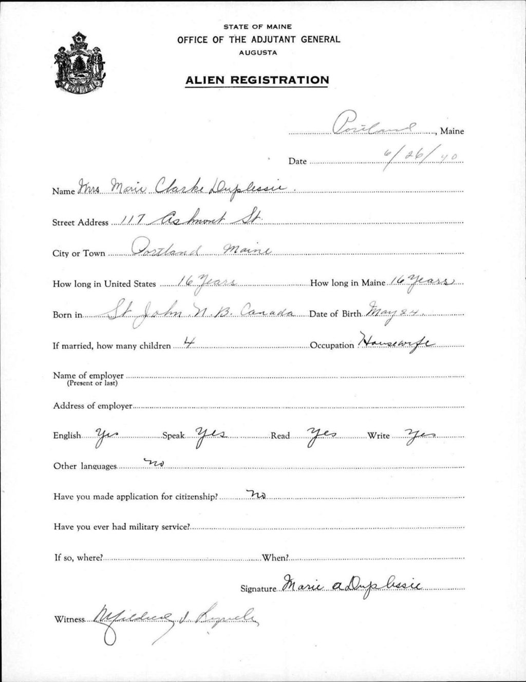 Miniature of Alien Registration- Clarke, Marie (Portland, Cumberland County)