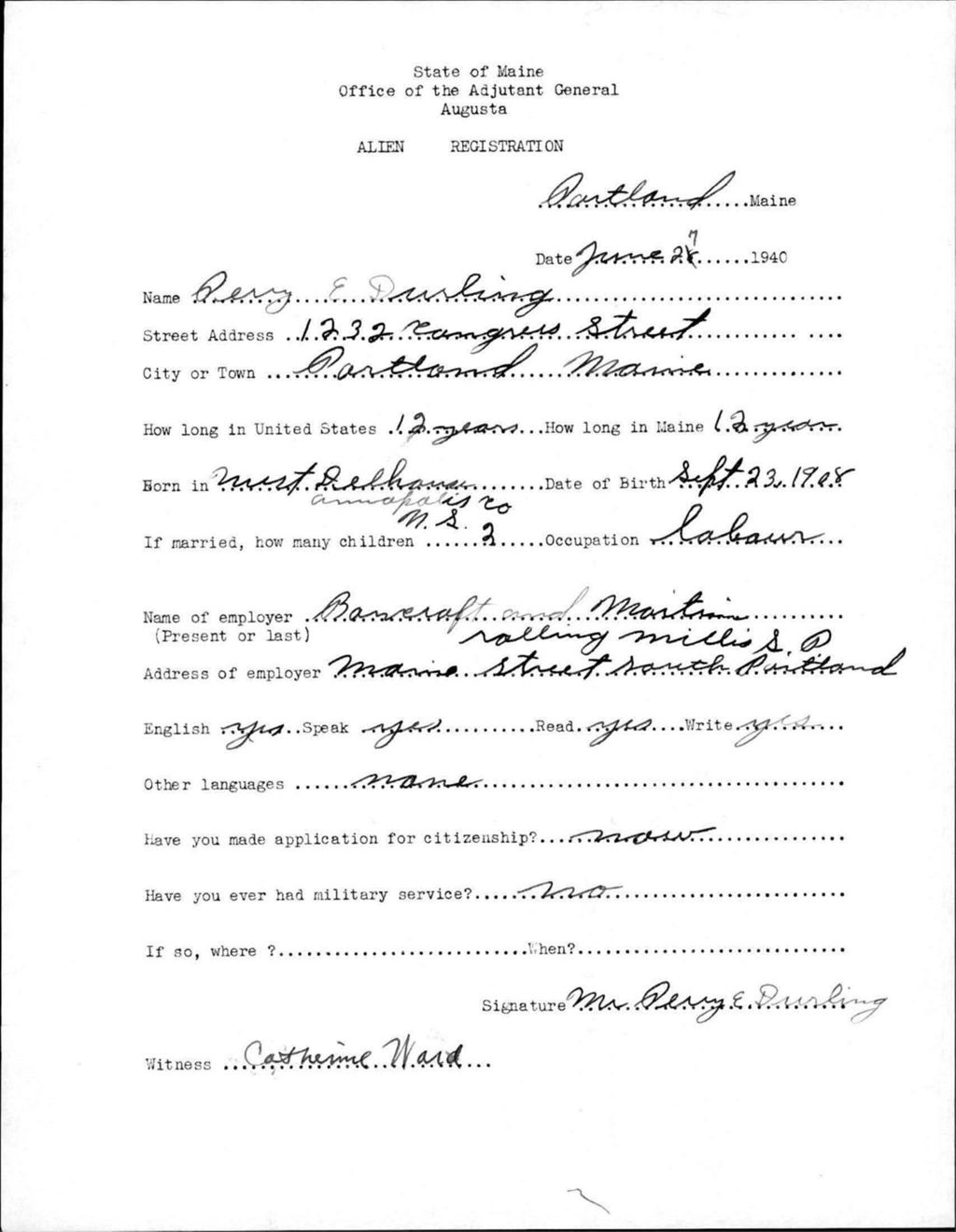 Miniature of Alien Registration- Durling, Perry E. (Portland, Cumberland County)