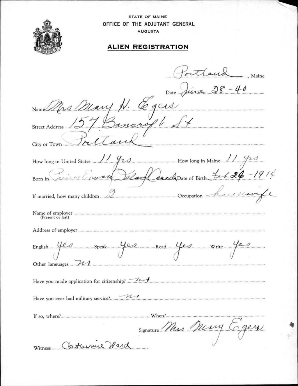 Miniature of Alien Registration- Egers, Mary H. (Portland, Cumberland County)