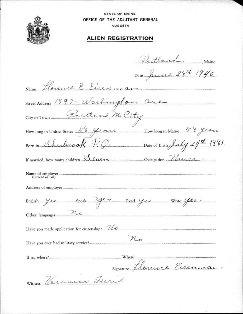 Miniature of Alien Registration- Eisenman, Florence E. (Portland, Cumberland County)