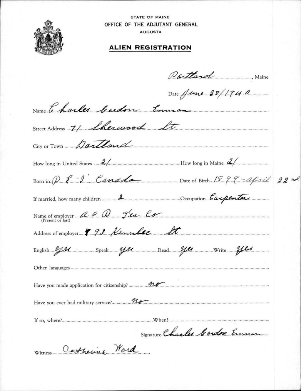 Miniature of Alien Registration- Enman, Charles G. (Portland, Cumberland County)