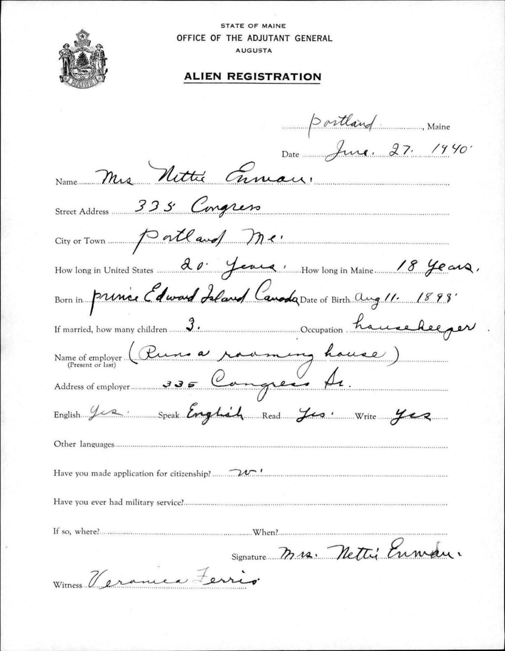 Miniature of Alien Registration- Enman, Nettie (Portland, Cumberland County)