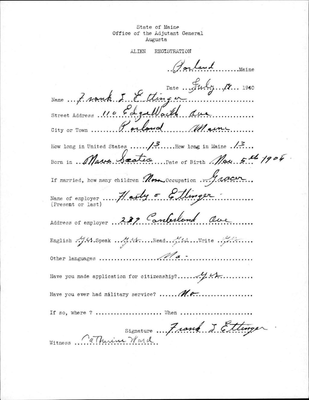 Miniature of Alien Registration- Ettinger, Frank L. (Portland, Cumberland County)