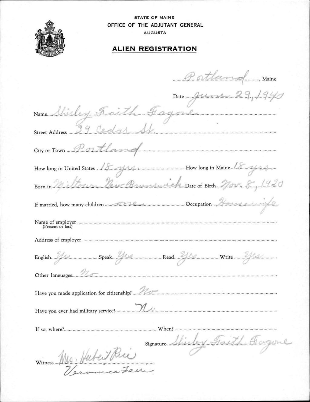 Miniature of Alien Registration- Fagone, Shirley F. (Portland, Cumberland County)