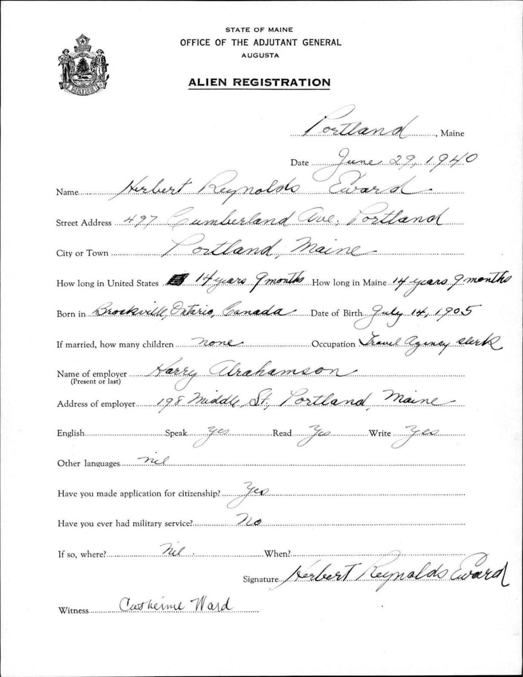 Miniature of Alien Registration- Eward, Herbert R. (Portland, Cumberland County)