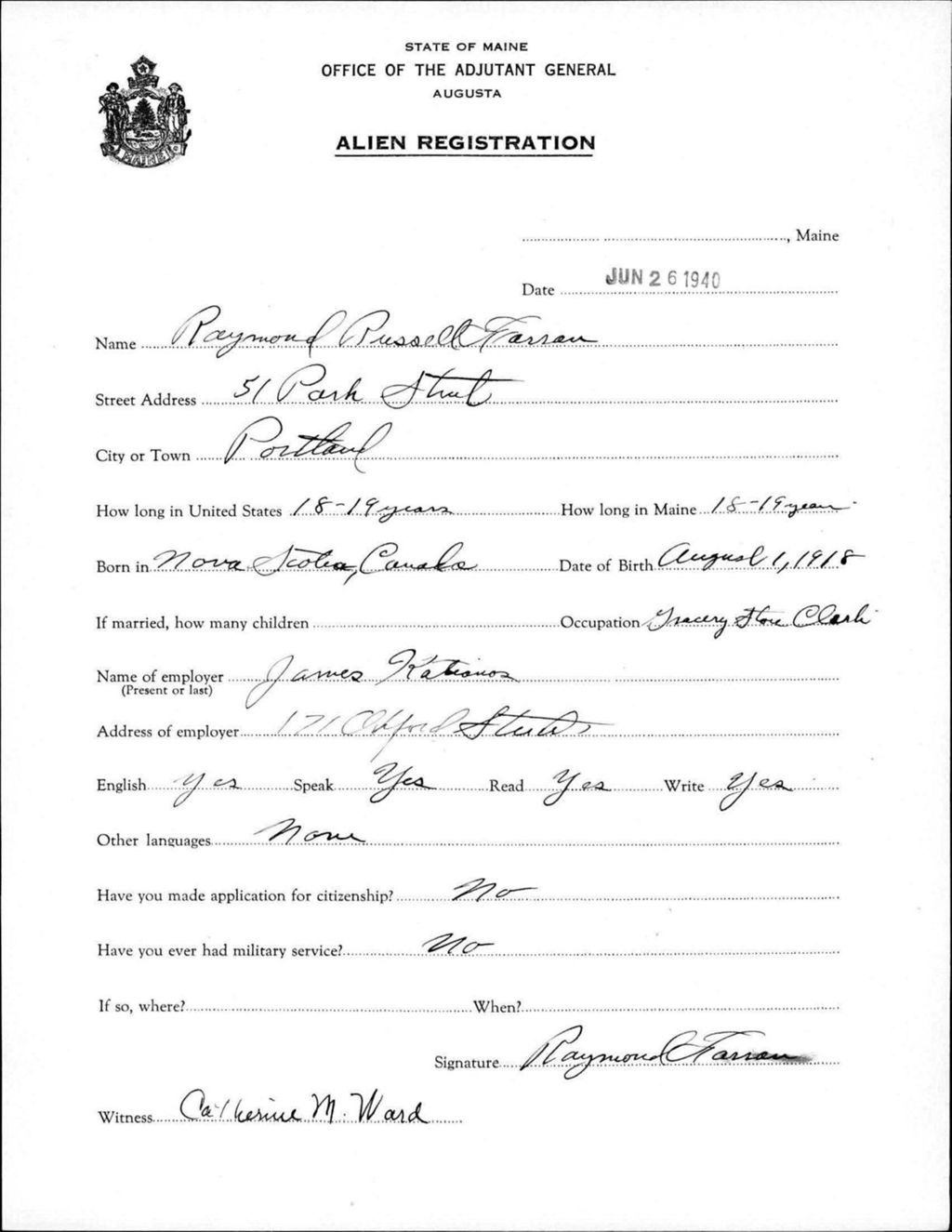 Miniature of Alien Registration- Farran, Raymond R. (Portland, Cumberland County)