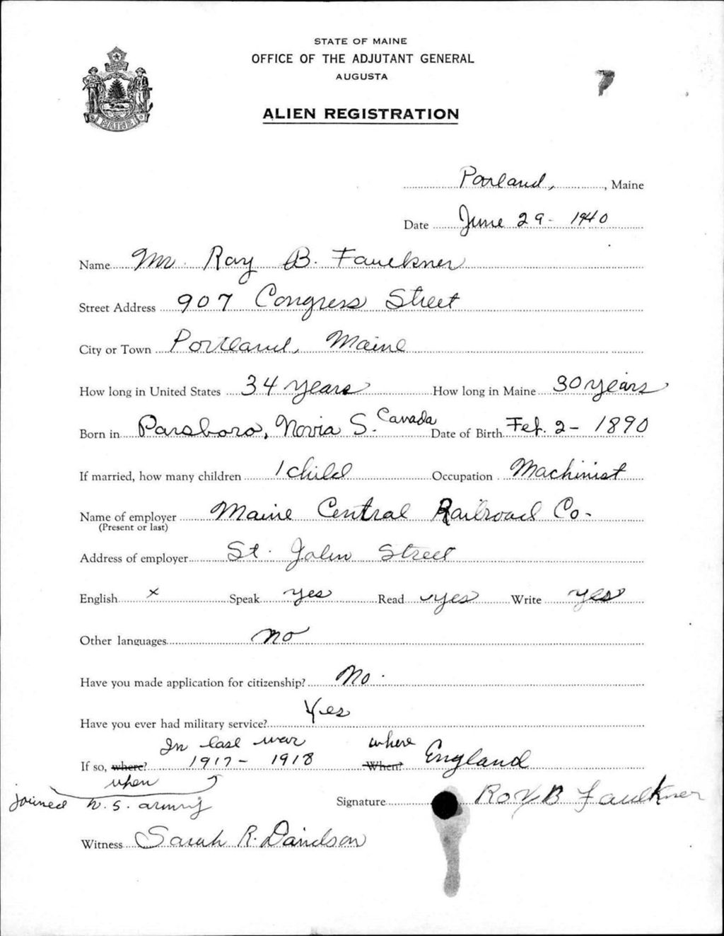 Miniature of Alien Registration- Faulkner, Ray B. (Portland, Cumberland County)