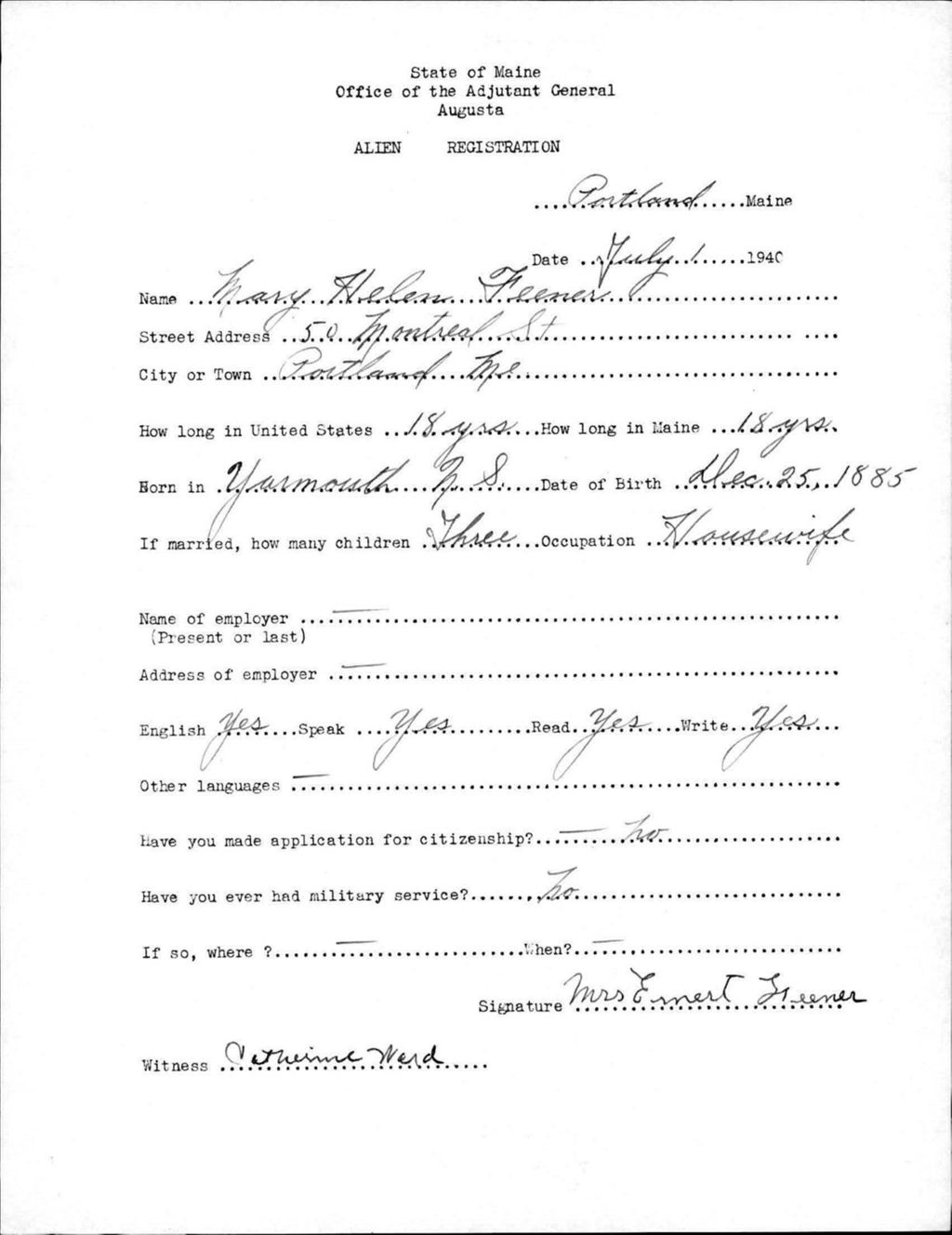 Miniature of Alien Registration- Feener, Mary H. (Portland, Cumberland County)