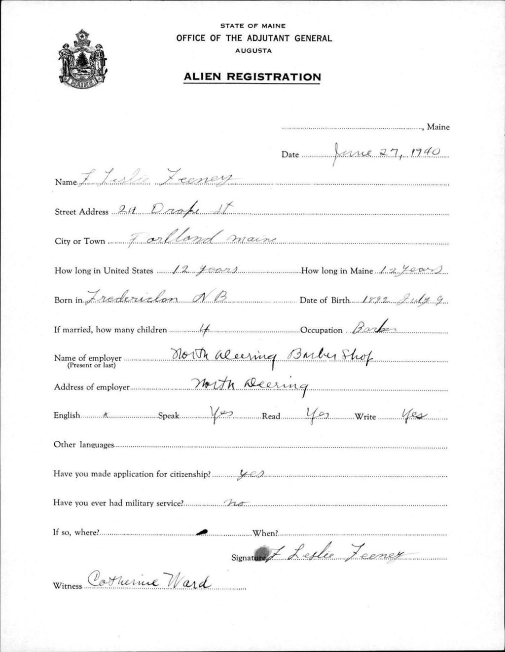 Miniature of Alien Registration- Feeney, F Leslie (Portland, Cumberland County)
