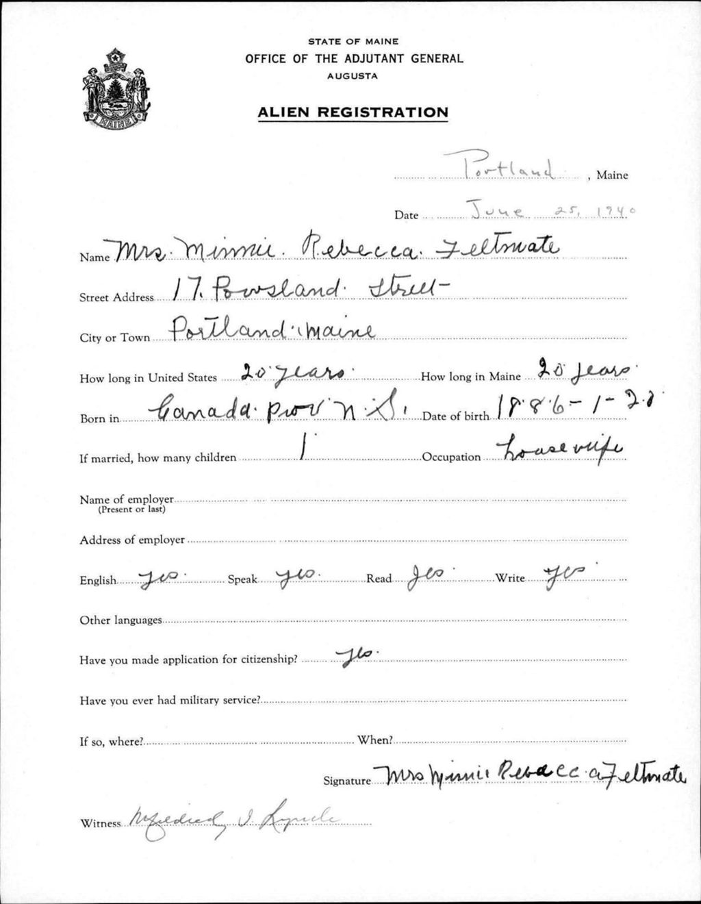 Miniature of Alien Registration- Feltmate, Minnie R. (Portland, Cumberland County)