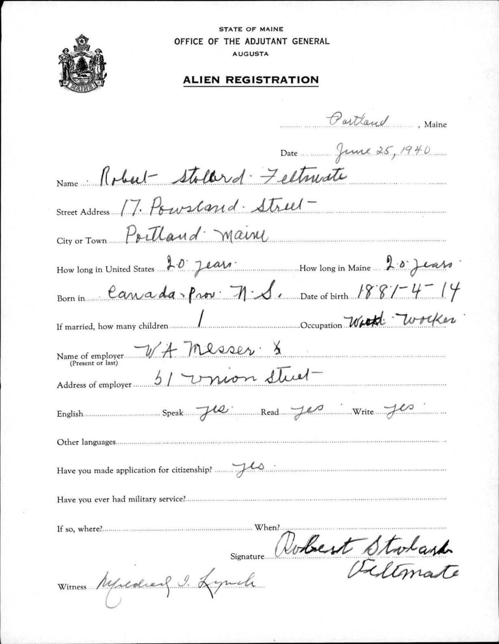 Miniature of Alien Registration- Feltmate, Robert S. (Portland, Cumberland County)
