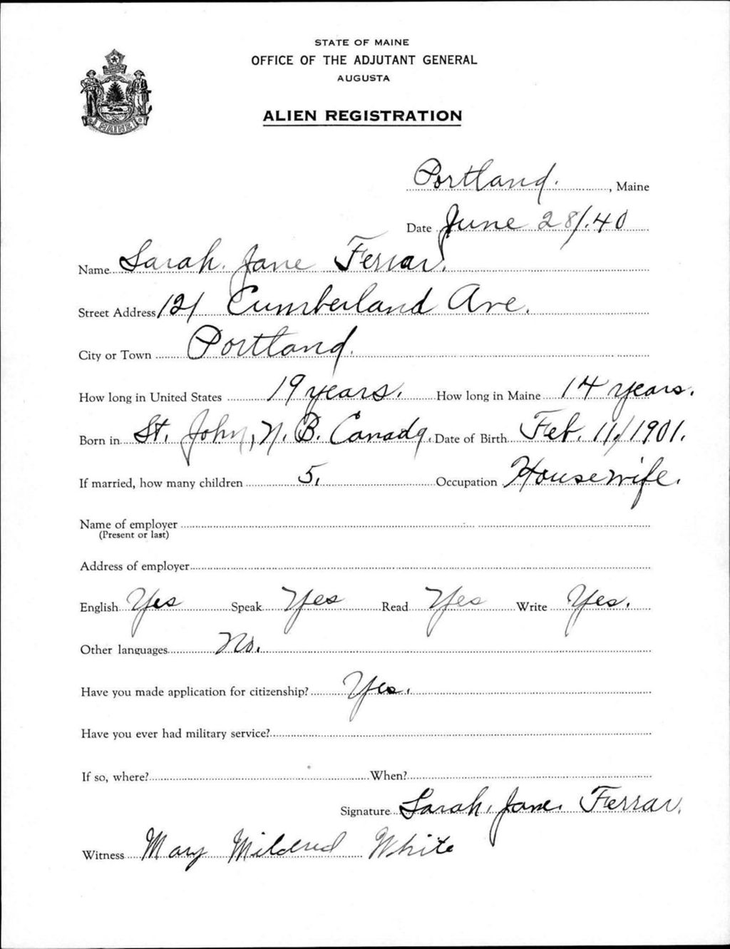 Miniature of Alien Registration- Ferrar, Sarah J. (Portland, Cumberland County)