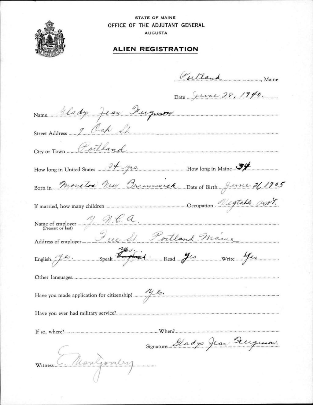 Miniature of Alien Registration- Ferguson, Gladys J. (Portland, Cumberland County)