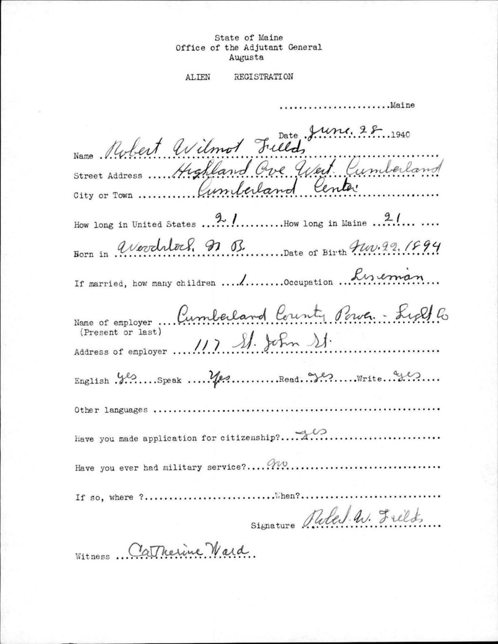 Miniature of Alien Registration- Fields, Robert W. (Portland, Cumberland County)