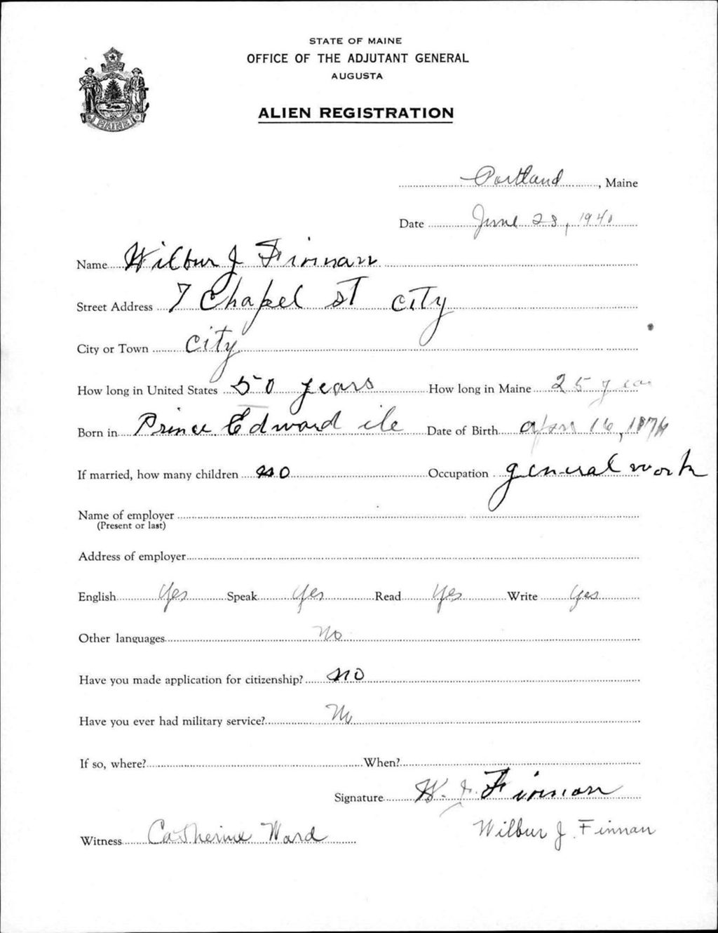 Miniature of Alien Registration- Finman, Wilbur J. (Portland, Cumberland County)