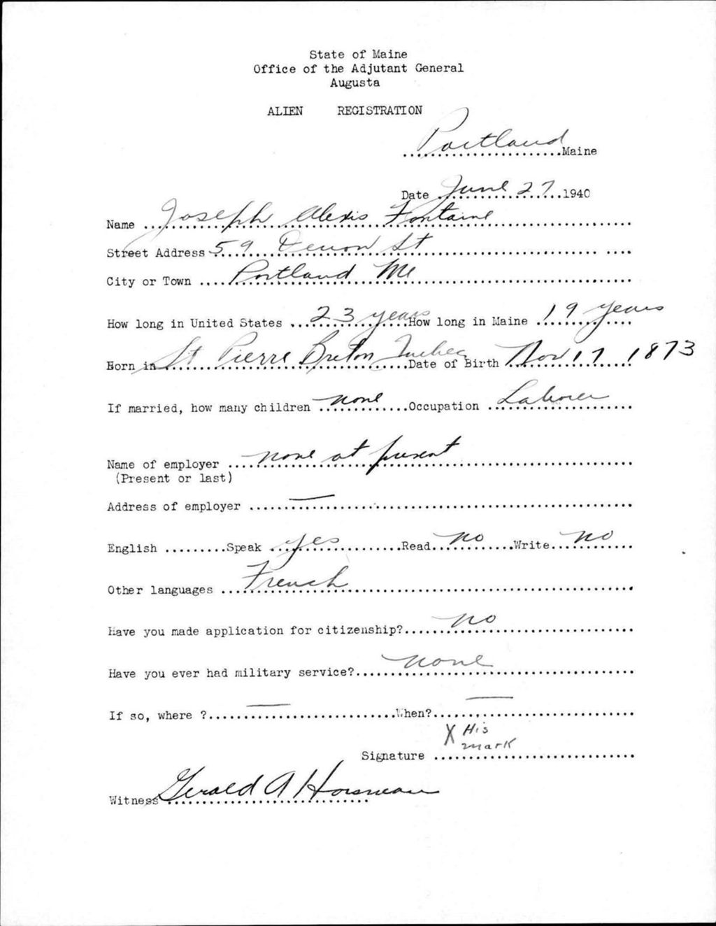 Miniature of Alien Registration- Fontaine, Joseph A. (Portland, Cumberland County)